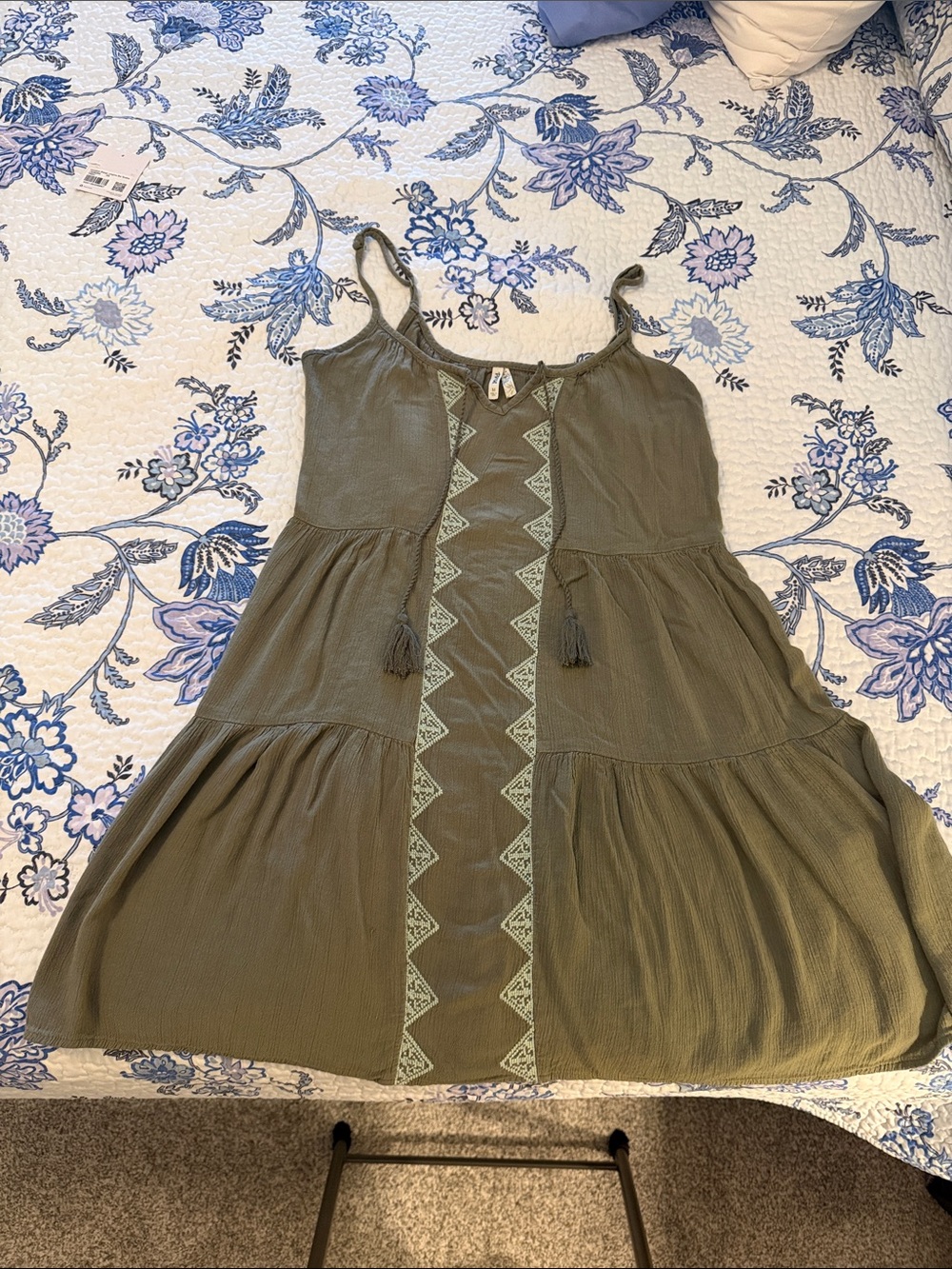Olive Green Boho Tiered Adjustable Spaghetti Strap Dress with Tassel Detail